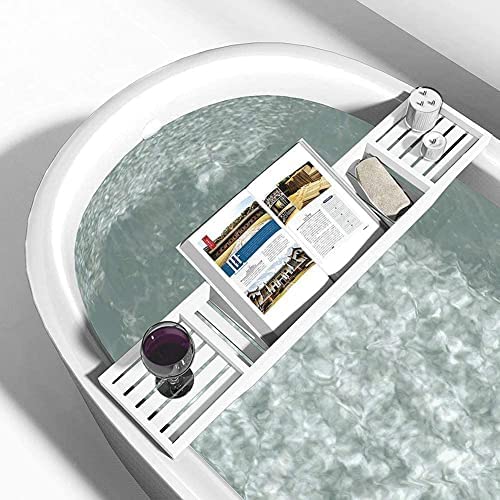 Bamboo Bath Caddy Tray Bridge - White Bath Caddy Wooden Bamboo Bathtub Tray Rack Tidy Bathroom Shelf Organizer Storage Bath Table for Reading , Tablet, Kindle, Wine Glass Bath Accessories - Image 8