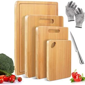 Masthome Chopping Boards Set,4pcs Bamboo Wooden Chopping Board with Juice Groove,Kitchen Cutting Boards for Food Prep - Send Kitchen Knife & Cut Resistant Gloves