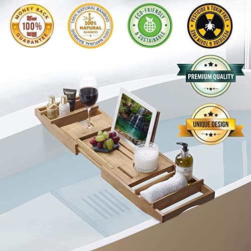 Bamboo Over Bath Bridge Tub Caddy Tray – Wood Bathtub Rack Bath Shelf with Soap Dish and Pumice Stone - Image 9