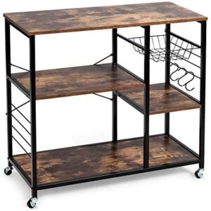 COSTWAY Kitchen Baker's Rack, Industrial Microwave Oven Stand with Wire Basket and S-Hooks, Freestanding Utility Storage Shelf Organiser for Spices Utensils Pots Pans (with Wheels)