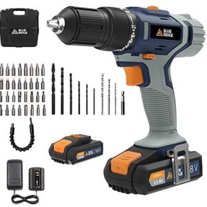 BLUE RIDGE Cordless Hammer Drill 20V Max with 2 x 1.5 Ah Li-ion Battery BR2808K2, 42N.m Combi Drill with 1hr Fast Charger, 13mm Keyless Chuck, Variable Speed,43pcs Free Accessories, Carry Case