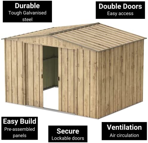 BillyOh 10x8 Garden Storage Shed Outdoor Metal Shed Apex Roof Bike Shed Tool Box Storage Woodgrain Sheds with Sliding Doors (10 x 8FT) - Image 4