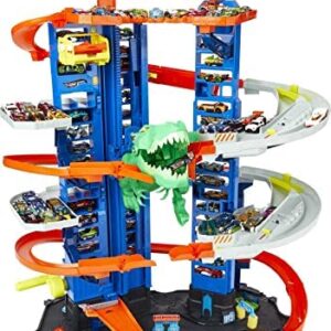 Hot Wheels City Ultimate Garage - Multi-Level Track Playset with 2 Cars - Moving Robo T-Rex - Storage for Over 100 1:64 Scale Cars - Gift for Kids 3+ -GJL14