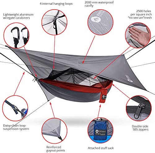 Easthills Outdoors Jungle Explorer Double Camping Hammock Ripstop Parachute Nylon Camping Outdoor Hammocks with Bug Net and Waterproof Rainfly Tarp Red - Image 3