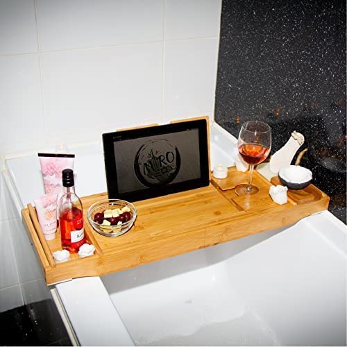 Miro Wooden Bath tray and Laptop bed desk Bath caddy tray with ipad holder wine glass and book rest Extendable bath board for home spa Natural bamboo bath rack with folding legs - Image 7