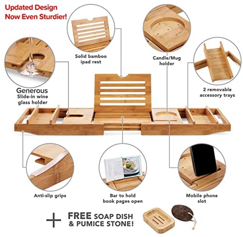 Bamboo Over Bath Bridge Tub Caddy Tray – Wood Bathtub Rack Bath Shelf with Soap Dish and Pumice Stone - Image 2