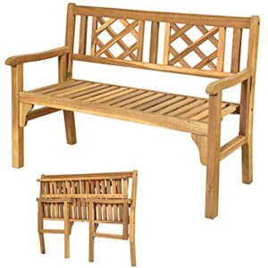 CASART Folding Wooden Bench, Indoor Outdoor 2-Seater Garden Bench, Foldable 2 Person Loveseat for Park, Yard, Balcony, Porch