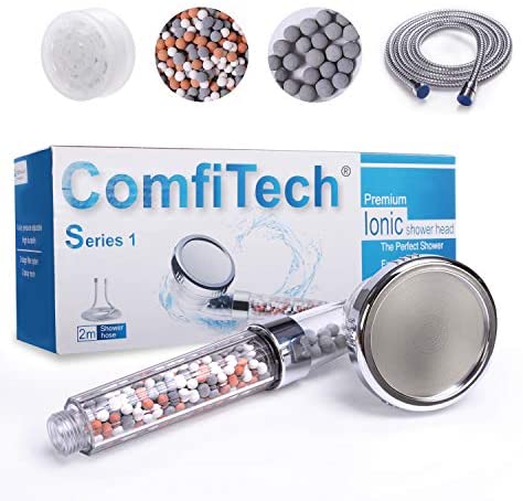 ComfiTech Shower Head, Ionic Shower Head with 2M Shower Hose, Filter Shower Head for Hard Water to Increase Pressure 3 Modes Spray Function Contains Extra Replaceable Filter Beads
