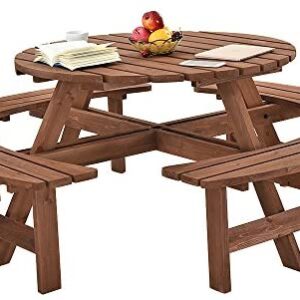 Britoniture 8 Seater Wooden Round Picnic Table and Bench for Garden Pub Patio