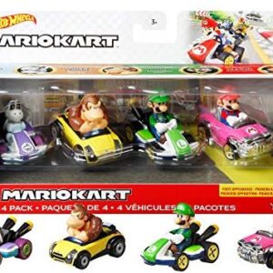 Hot Wheels GWB37​ Mario Kart Die-Cast Character Replicas in 4-Pack Each Assortment Includes Fan-Favorite Characters and 1 Exclusive Ages 3 and older, Multicolor, 5.08 cm*3.175 cm*7.62 cm
