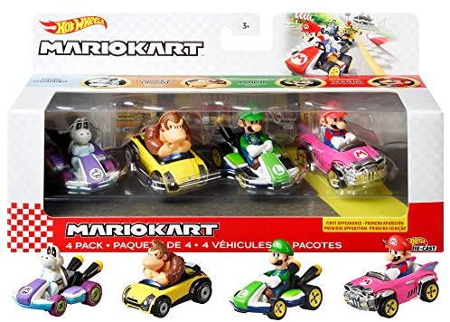 Hot Wheels GWB37 Mario Kart Die-Cast Character Replicas in 4-Pack Each Assortment Includes Fan-Favorite Characters and 1 Exclusive Ages 3 and older, Multicolor, 5.08 cm*3.175 cm*7.62 cm