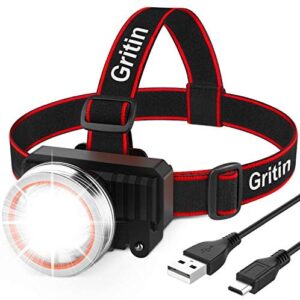 Gritin LED Head Torch, USB Rechargeable Headlamp Headlight - Super Bright 2000 Lumens, Motion Sensor, 90° Adjustable Rotating, 4 Light Modes, Long Battery Life - Ideal for Running, Camping, etc.