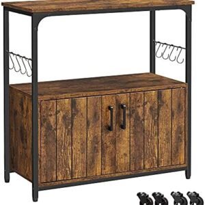 VASAGLE Sideboard, Kitchen Island, Baker’s Rack with Wheels, Food Trolley with Doors, 8 Hooks, Storage Shelves, 80 x 35 x 80 cm, Industrial Kitchen Cupboard, Rustic Brown and Black LSC093B01