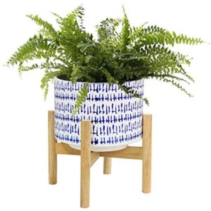 La Jolíe Muse Ceramic Plant Pot with Wood Stand - 24CM High Modern Round Decorative Flower Pot Indoor with Wood Planter Holder, Blue and White, Home Decor Gift