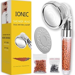 Ionic Shower Head Handheld High Pressure Water Saving 3 Modes Adjustable Filter Showerhead for Hard Water Low Water Pressure Contains Additional Replaceable Stone
