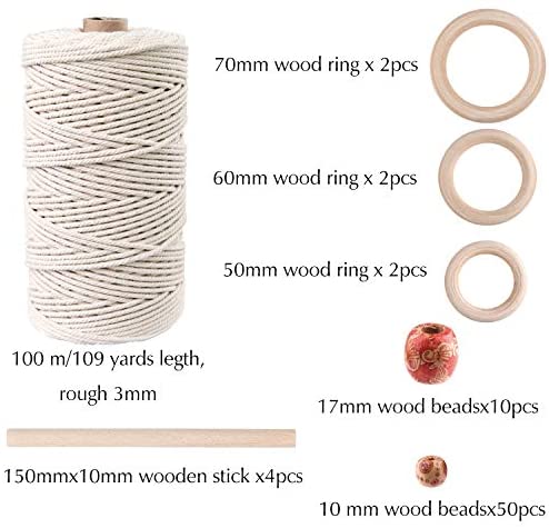 TUPARKA Macrame Rope Kit 109 Yadrsx3mm Macrame Cord with 60 pcs Wood Beads 6pcs Wood Ring and 4pcs Wooden Stick for Crafts,DIY Plant Hangers - Image 2