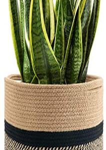 Goodpick Sturdy Jute Rope Plant Basket Modern Woven Basket for 25CM Flower Pot Floor Indoor Planters, 28CM x 28CM Storage Organizer Basket Rustic Home Decor, Black and Beige Stripes