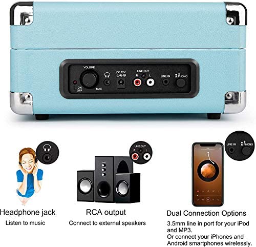 1 BY ONE Bluetooth Record Player Belt-Drive 3-Speed Portable Vinyl Turntable with Built in Speakers, Supports RCA Output, Headphone Jack, MP3, Mobile Phones Music Playback, Turquoise - Image 6