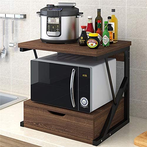 Baker's Rack Microwave Oven Rack with Drawer, Kitchen Counter Storage Organizer, 2-Tier Wood Kitchen Shelf Rack for Kitchen, Dark Oak