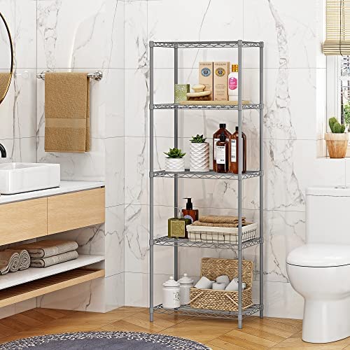 5-Tier Wire Shelving Utility Shelves Storage Garage Utiliry Rack Wire Rack Shelving Modern Storage Organization Rack Suitable for Kitchen Home Office in Grey - Image 4