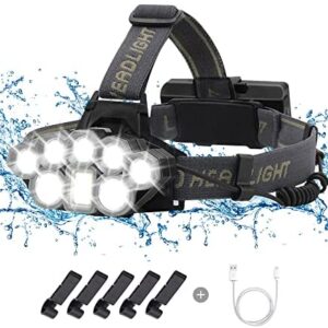 Fulighture Head Torch, 8 LED Headlight with Super Bright 5000 Lumens and 6 Light Modes, USB Rechargeable, Adjustable & Zoomable Headlamp, IPX4 Waterproof for Camping, Hiking, Fishing, Cycling, Garage