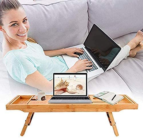 TILEMALL Bathtub Caddy & Laptop Bed Desk - 2 in 1, Bath Tray Built-in Stand for Books or Tablets, Bathtub Holder and Organizer with Smartphone and Wine Glass Holder, Tablet Holder - Image 5