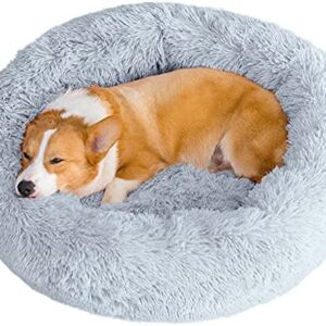 Calming Dog Cat Bed 50/70/85/100/120cm Plush Donut for Large Medium Small Dog Cat Calming Anxiety Relief Fluffy Soft Cuddler Round Pet Nest Orthopedic Relief Anti-Slip Light Grey 85cm