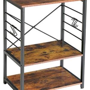 IBUYKE Industrial Kitchen Shelf, 3-Tier Serving Trolley, Baker's Rack, Standing Shelf Microwave Rack with 6 Hooks, for Mini Oven, Toaster, Storage Side Trolley, Metal Frame, 60x40x89 cm, TMJ022H