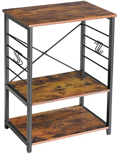 IBUYKE Industrial Kitchen Shelf, 3-Tier Serving Trolley, Baker's Rack, Standing Shelf Microwave Rack with 6 Hooks, for Mini Oven, Toaster, Storage Side Trolley, Metal Frame, 60x40x89 cm, TMJ022H