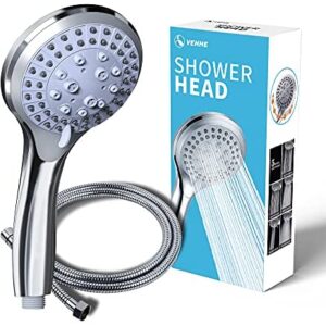 VEHHE Shower Head Powerful Flow with 1.5m Chrome Shower Hose Pressure Boosting Shower Head Spray with 5 Modes Water Saving Bathing for Adults Children Pets Home and Gym Use
