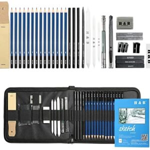 H & B Drawing Sketching Pencils Set, 35 Pack Art Kit with Sketch Book Draw Pencils Charcoal Pencil Eraser Sharpener Pencil Extender & Canvas Pencil Case for Artist Beginners Kids Adults