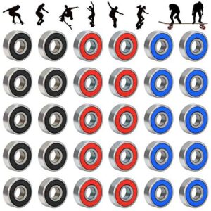 CHIFOOM 30pcs 608RS Skateboard Bearings,Roller Skate Wheels Scooter Abec-9 Rubber Sealed Metal Spare Bearing for Longboard Stunt Scooters Inline Skates (Black Blue Red)