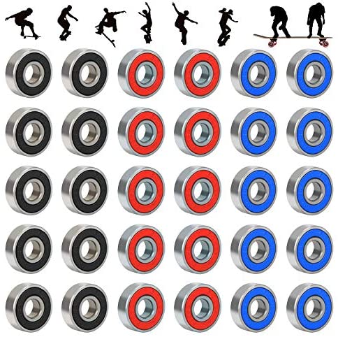 CHIFOOM 30pcs 608RS Skateboard Bearings,Roller Skate Wheels Scooter Abec-9 Rubber Sealed Metal Spare Bearing for Longboard Stunt Scooters Inline Skates (Black Blue Red)