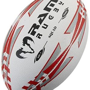 Rugby Ball - Ram Rugby - Squad Trainer - Training Rugby Ball - Sizes 5-3 - Red - Hand-stitched - 3-Ply Construction - 3D Grip For Ultimate Passing And Catching Control