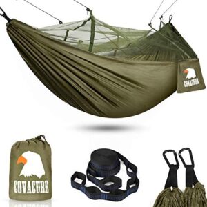 COVACURE Camping Hammock with Mosquito Net - Ultralight Travel Hammock - 210T Parachute Nylon with 10FT Tree Straps for Camping Hiking Backpacking - Outdoor Indoor Garden（440lbs Capacity