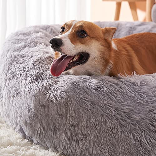 Calming Dog Cat Bed 50/70/85/100/120cm Plush Donut for Large Medium Small Dog Cat Calming Anxiety Relief Fluffy Soft Cuddler Round Pet Nest Orthopedic Relief Anti-Slip Light Grey 85cm - Image 3