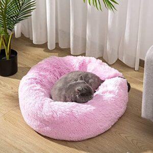 Hollypet Donut Cat Bed Calming Dog Bed, Plush Round Pet Bed Warm Cave Nest Sleeping Bed Puppy House for Cats and Small Dogs, Pink(64 * 64 * 18cm)