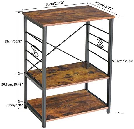 IBUYKE Industrial Kitchen Shelf, 3-Tier Serving Trolley, Baker's Rack, Standing Shelf Microwave Rack with 6 Hooks, for Mini Oven, Toaster, Storage Side Trolley, Metal Frame, 60x40x89 cm, TMJ022H - Image 5