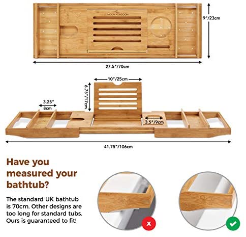 Bamboo Over Bath Bridge Tub Caddy Tray – Wood Bathtub Rack Bath Shelf with Soap Dish and Pumice Stone - Image 3