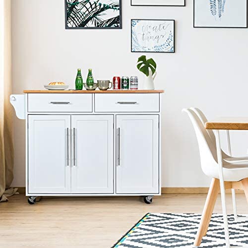 COSTWAY Kitchen Island Cart, Large Storage Trolley with 2 Drawers, 2 Cabinets, Knife Rack, 4 Lockable Wheels & Rubber Wooden Tabletop, Mobile Serving Utility Cart, 122 x 46 x 92cm (White) - Image 8