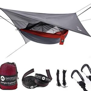 Easthills Outdoors Jungle Explorer Double Camping Hammock Ripstop Parachute Nylon Camping Outdoor Hammocks with Bug Net and Waterproof Rainfly Tarp Red