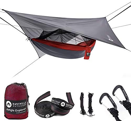 Easthills Outdoors Jungle Explorer Double Camping Hammock Ripstop Parachute Nylon Camping Outdoor Hammocks with Bug Net and Waterproof Rainfly Tarp Red