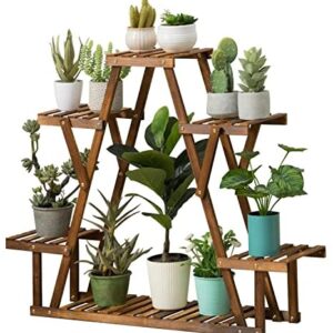 NAIMP Multi-Tier Plant Display Stand, Solid Pine Wood Plant Shelf Flower Stand Plant Rack, With Wheels & 3 Free Gardening Tools,for Indoor Outdoor Balcony Garden Patio Living Room 86(L)×25(W)×85(H)cm