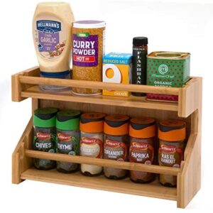 2 Tier Bamboo Spice Rack, Wooden Spice Holder Organizer for Seasoning Jars, Spices, Sauce Bottles, Counter top or Wall Mount Dual Tiered Storage Shelf for Kitchen
