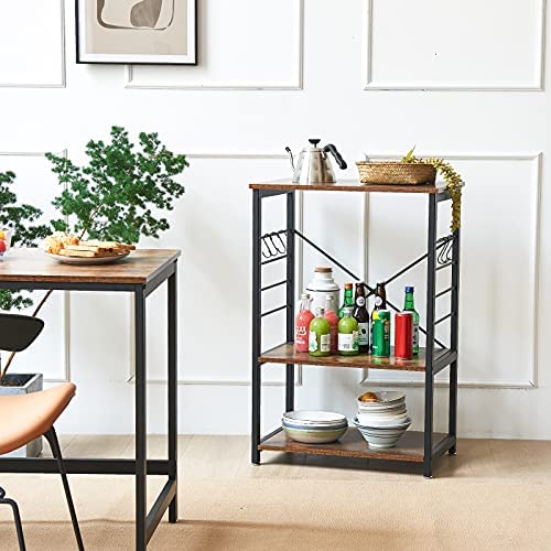 IBUYKE Industrial Kitchen Shelf, 3-Tier Serving Trolley, Baker's Rack, Standing Shelf Microwave Rack with 6 Hooks, for Mini Oven, Toaster, Storage Side Trolley, Metal Frame, 60x40x89 cm, TMJ022H - Image 2
