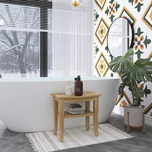 SMIBUY Bamboo Shower Bench, 2-Tier Wood Spa Bath Organizer Stool, Corner Bathroom Chair & Seat with Storage Shelf for Indoor Outdoor(Natural) - Image 2