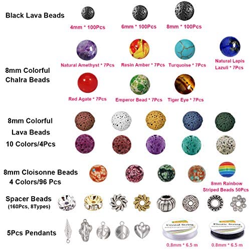 EuTengHao 702Pcs Lava Beads Stone Rock Beads Rainbow Striped Beads Kit with Chakra Beads Cloisonne Beads Spacer Beads Bracelet String Cord for Diffuser Essential Oils Adult Jewelry Making Supplies - Image 3