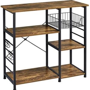Yaheetech Baker's Rack Industrial Kitchen Island Microwave Storage Rack with Metal Mesh Basket Shelves and 6 Hooks, 90X39X84cm, Standing Coffee Bar Table Metal Frame