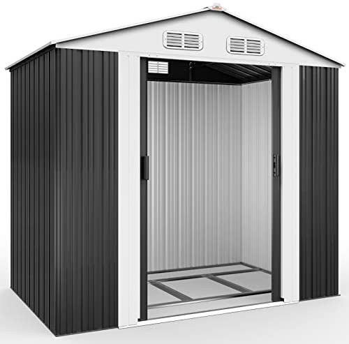 Deuba Garden Metal Tool Shed Size and Colour Choice Galvanised Green Anthracite Brown Roofed Outdoor Storage 7x4ft, Grey