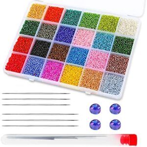 Easusy 28800 Pieces Glass Pony Seed Beads, 24 Multicolor Assortment with Separate Plastic Boxes and 6 Pcs Beading Needles, 1.5mm Round, for Jewelry Making, Bead Craft Kit Set for Beading Bracelets DIY